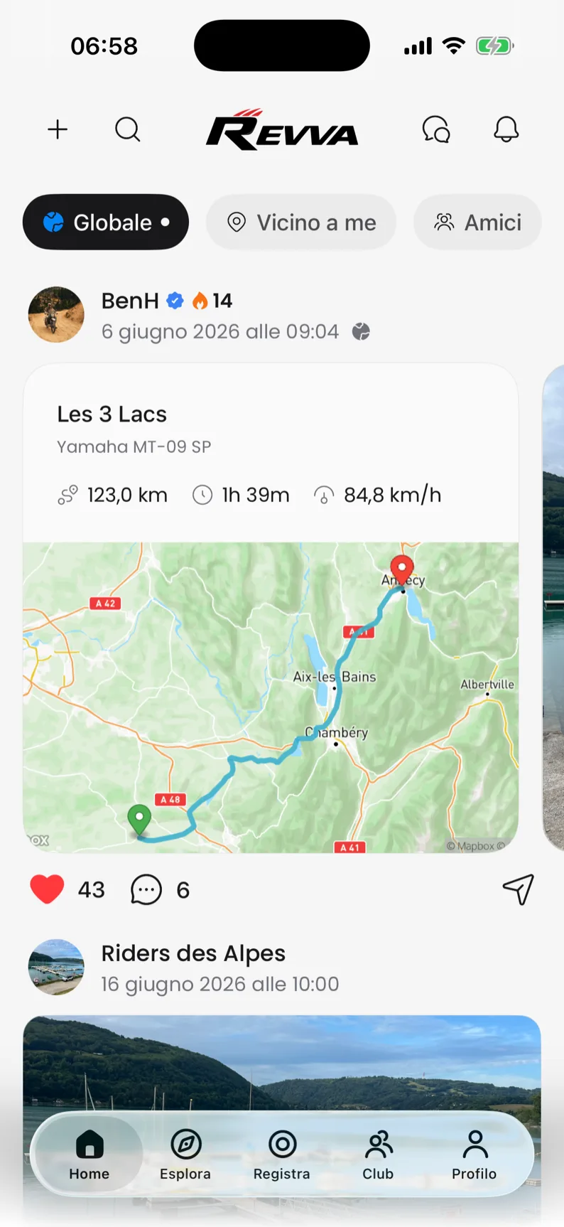 Feed di Revva, con un'uscita registrata sulla mappa